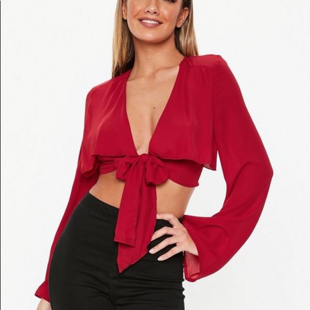 Missguided burgundy front tie crop top
